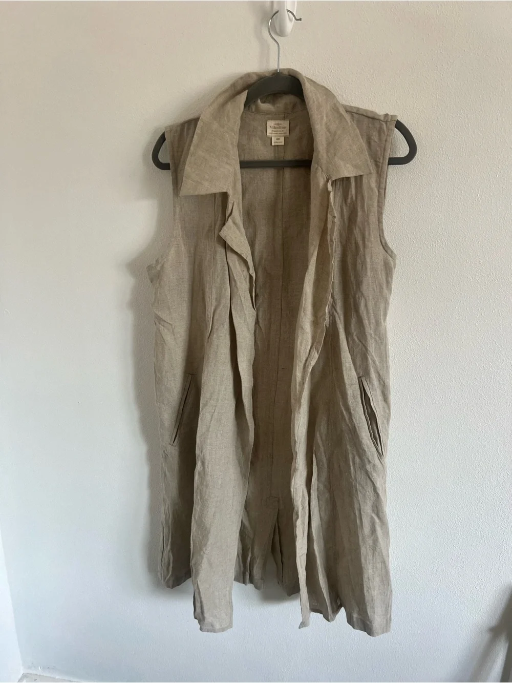 Vikolino Sleeveless Open Front Linen Duster Vest in Taupe, size S/M